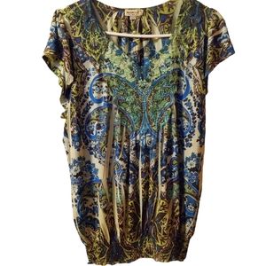 One World Women's Silky Embroidered Relaxed Top & Banded Bottom Size XL, Green